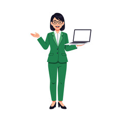 Professional woman in a suit holding a laptop with an empty screen and gesturing, perfect for business, education, or tech-related designs