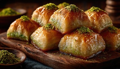 Stacked, golden-brown pastries, topped with pistachios, on a wooden board