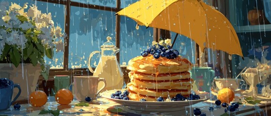 Rainy day breakfast scene with pancakes under a yellow umbrella