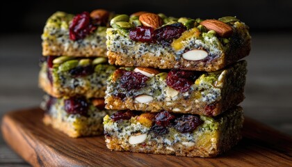 Stacked, colorful, layered treats on a wooden board
