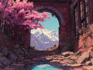 Pink blossom archway to snowy peaks