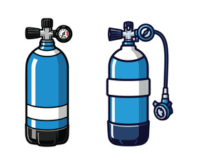Scuba diving tank with regulator cartoon vector illustration set