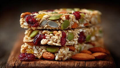 Stacked granola bars with dried fruit and nuts