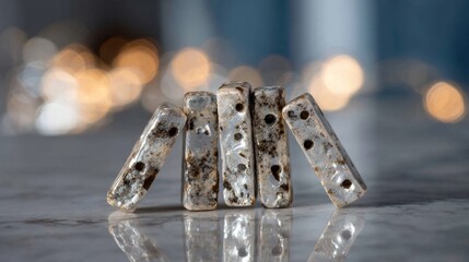 Dominoes cascading like frostbitten tombstones, echoing Dia de los Muertos, nostalgia of childhood games, twinkling winter solace