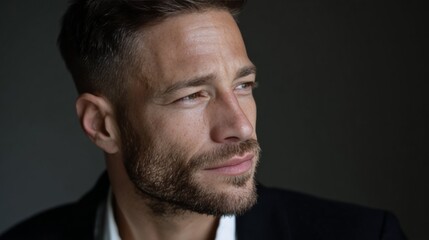 Fototapeta premium A contemplative Caucasian male gazes into the future, embodying quiet resilience, evoking themes of Introspective Day and World Beard Celebration