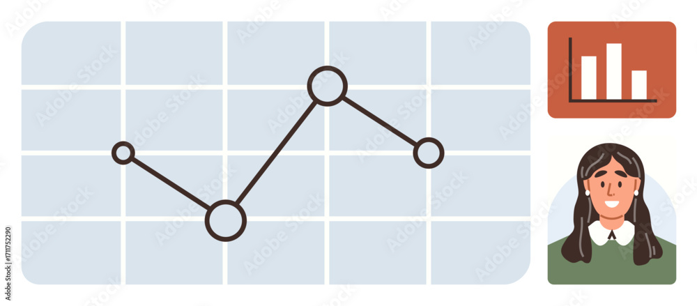 Poster line chart showing connected data points, bar chart in orange box, user avatar. ideal for analytics,