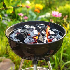 Charcoal grill with burning coals in a garden setting
