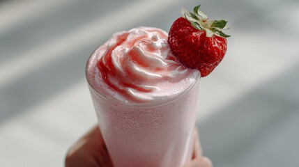 Indulgent strawberry milkshake swirled with velvety cream, echoing springtime Hanami celebrations, a nostalgic sip of summer solstice