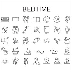 Set of bedtime vector icons in clean line art style featuring beds, pillows, blankets, night lamps, sleep masks, and more. Editable stroke.