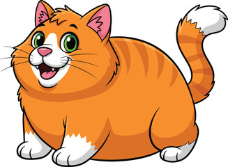 Cute orange cartoon cat sitting, happy expression, big green eyes, white paws, adorable pet character, funny fat kitty, vector animal illustration, children design