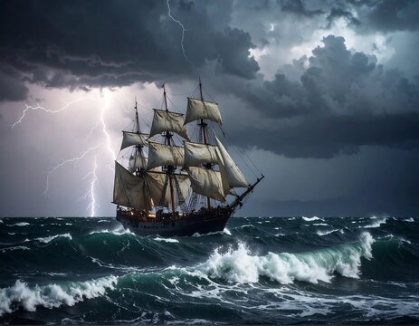 Stormy seas, sailing ship