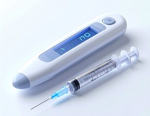 Medical concept of vaccine hesitancy, with a syringe and a digital thermometer displaying the word NO on a sterile white background