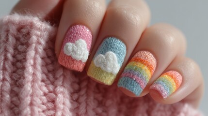 Dreamy cloud and rainbow nail art in pastel shades, whimsical and light, single hand on white background