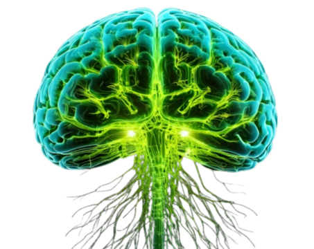 “Digital Visualization of Green Brain with Illuminated Synapses, isolated PNG