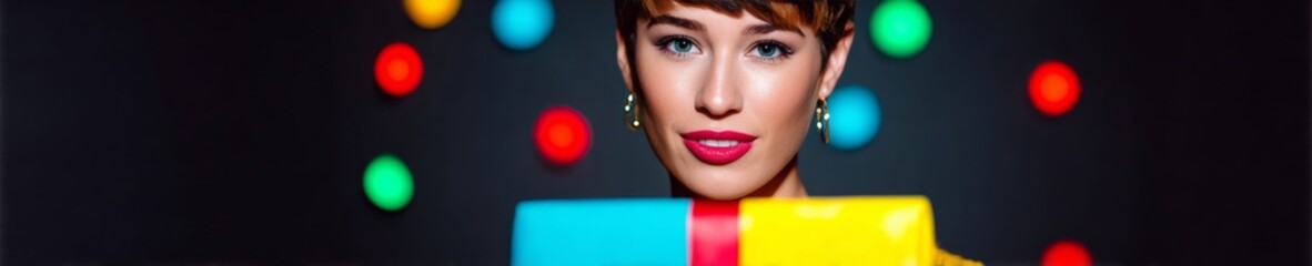 Naklejka premium Enigmatic young woman with fair skin peers over vibrant Lego blocks, conjuring retro holiday vibes of Dia de Campo celebrations