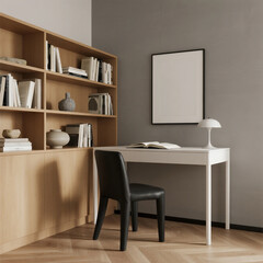 Minimalist Home Office Space with Wooden Bookshelf and White Desk
