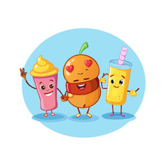 Vector art of a collection of cheerful cartoon food and drink characters are giving peace signs on a light blue background
