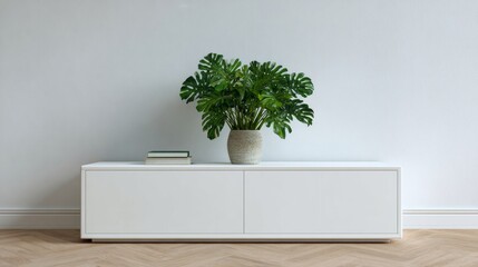Monstera plant atop minimalist console whispers tranquility, embracing Scandi-chic aesthetics while evoking Earth Day's serene harmony