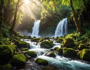 Lush waterfall cascading through mossy rocks in a sunlit forest (2)