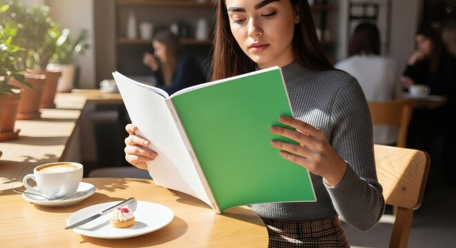 A young woman engrossed in reading a book while enjoying a coffee and pastry at a sunlit cafe. - Powered by Adobe