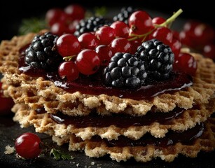 Stacked waffles topped with berry compote and fresh berries
