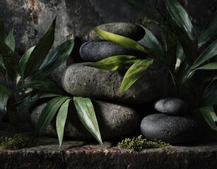 Dark stones, lush leaves, zen-like still life