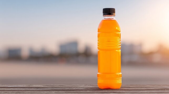 Bright orange elixir in plastic vessel, energy-boosting nectar for Dia de los Muertos, evokes mystical sunset whispers