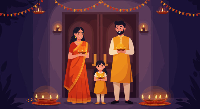 This flat design illustration depicts a joyful Indian family celebrating Diwali, holding traditional diyas that cast a warm glow. It captures the essence of togetherness and the festival of lights.