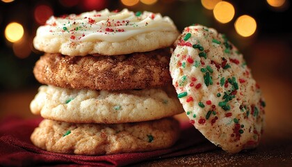 Festive Christmas cookies stacked on napkin