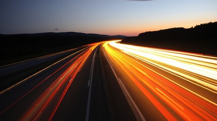 Obraz premium Empty highway with vibrant light trails under a warm dusk sky, capturing the essence of motion and solitude.