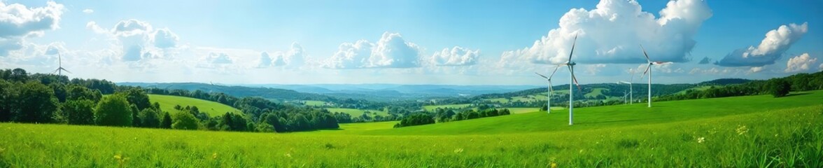 Stunning panoramic view of a lush green landscape with wind turbines and solar panels, symbolizing sustainable energy and environmental conservation , renewable resources, sun
