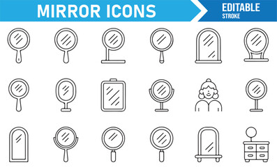 Set of wall mirror and portable mirror line icons, editable stroke style