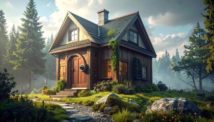 Charming cabin nestled in a misty forest