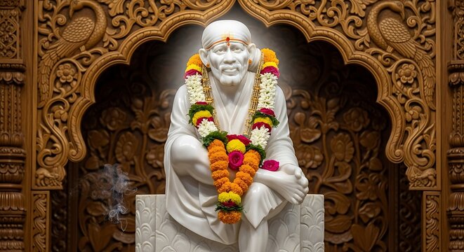 Spiritual Statue of Sai Baba in Ornate Setting.