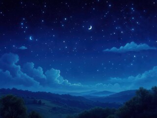 Fototapeta premium A serene night sky over rolling hills, featuring stars and clouds.