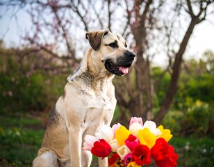 Dog with tulips in a garden