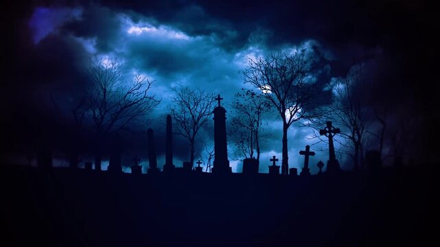 Spooky graveyard with graves at halloween night. Halloween spooky night graveyard scene with bats and moon background