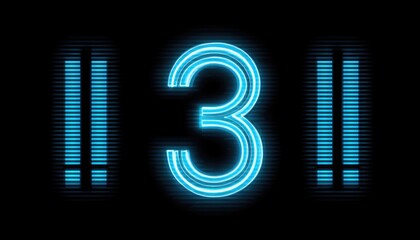 Bright blue "3" on black background, flanked by vertical lines