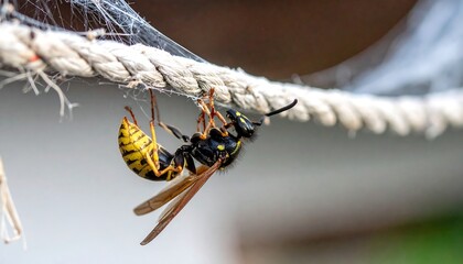 Close-up of a wasp hanging upside down on a rope
