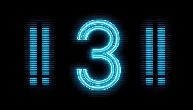 Bright blue "3" on black background, flanked by vertical lines