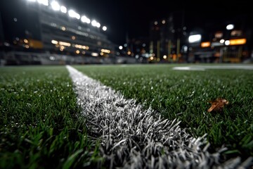A nightlit soccer field with a stadium in the background