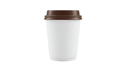 White disposable coffee cup with brown lid.