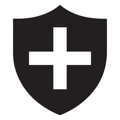 Obraz premium Black shield with white cross on transparent background plus medical