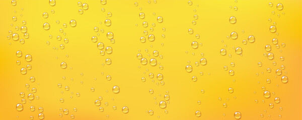 Yellow bubble droplet background. Cool beer or lemonade condensation drops. Fizzy texture horizontal backdrop