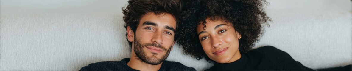 Fototapeta premium A serene mixed-ethnicity couple, cozy sofa whispers, cherished moments, International Day of Friendship vibes, hygge-inspired tranquility