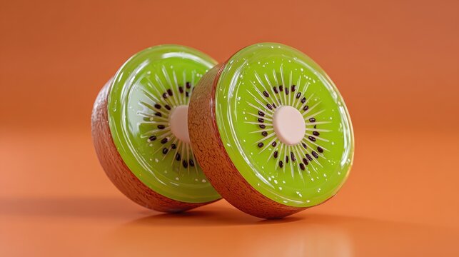 Two kiwi slices, glossy, vibrant green, on orange background
