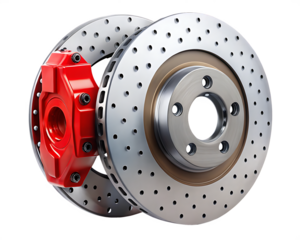 Car brake disc and red calipers isolated on white background ,PNG. AI Generated.