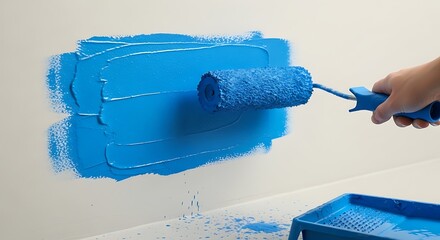 Painting a Wall Blue with Roller.