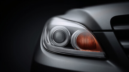 Modern car headlight with LED technology and amber turn signal creating sophisticated automotive lighting design and safety features