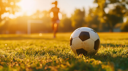Soccer Ball on Grassy Field During Golden Hour Sunset Generative AI